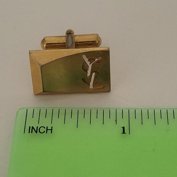 Yves Saint Laurent YSL Gold Tone Rectangle Logo Cufflinks Tie Pin Designer Set - Picture 10 of 12